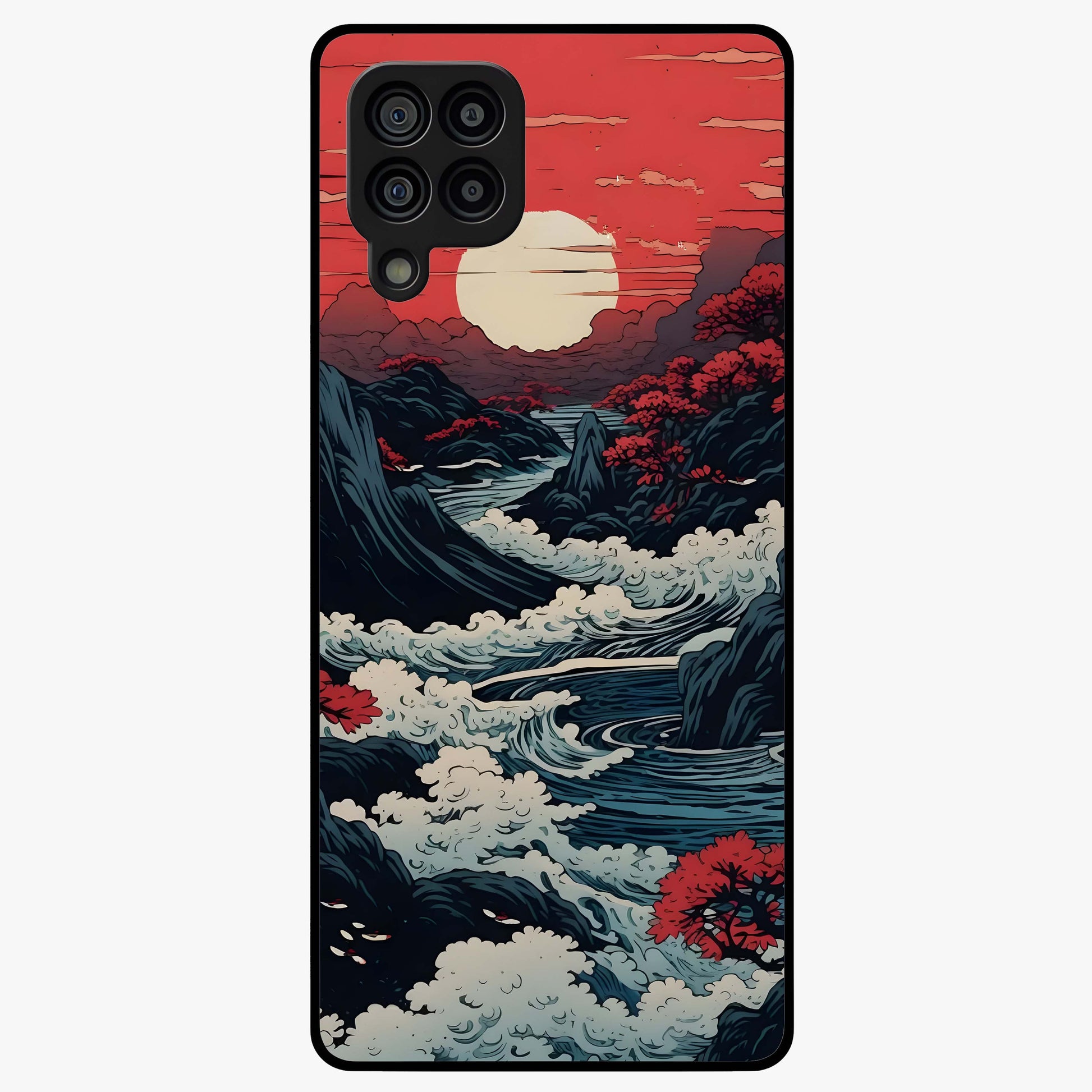 Red Sunset Scenery Glass Case showing flat back view with vibrant sunset landscape artwork and glossy glass finish.