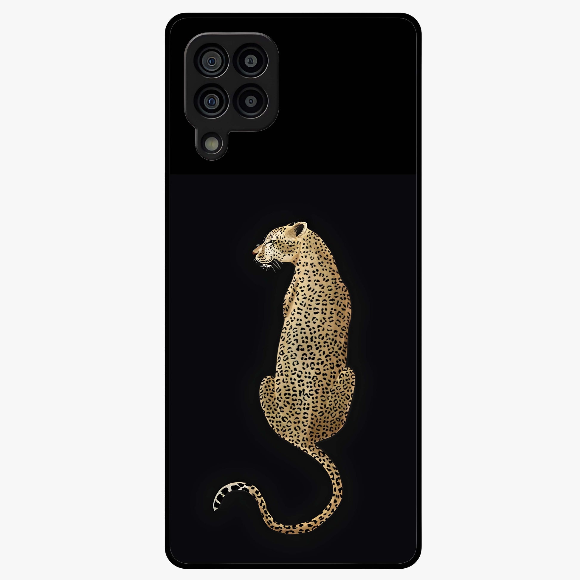 Regal Leopard Glass Case showing flat back view with bold leopard artwork and glossy glass finish.