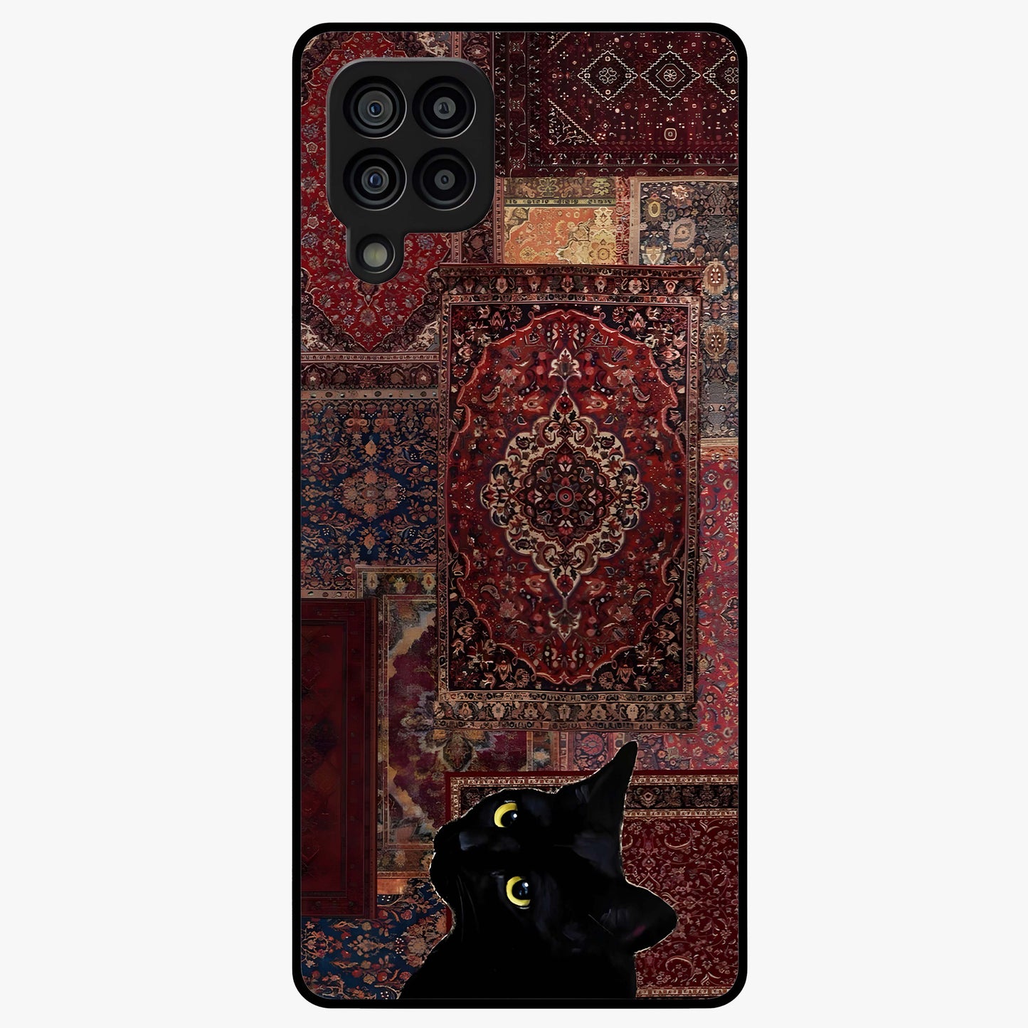 Regal Magic Cat Apple Glass Case showing flat back view with magical cat artwork holding apple and glossy glass finish.