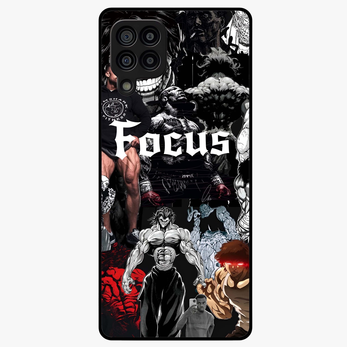 Relentless Power Focus Glass Case showing flat back view with motivational typography artwork and glossy glass finish.