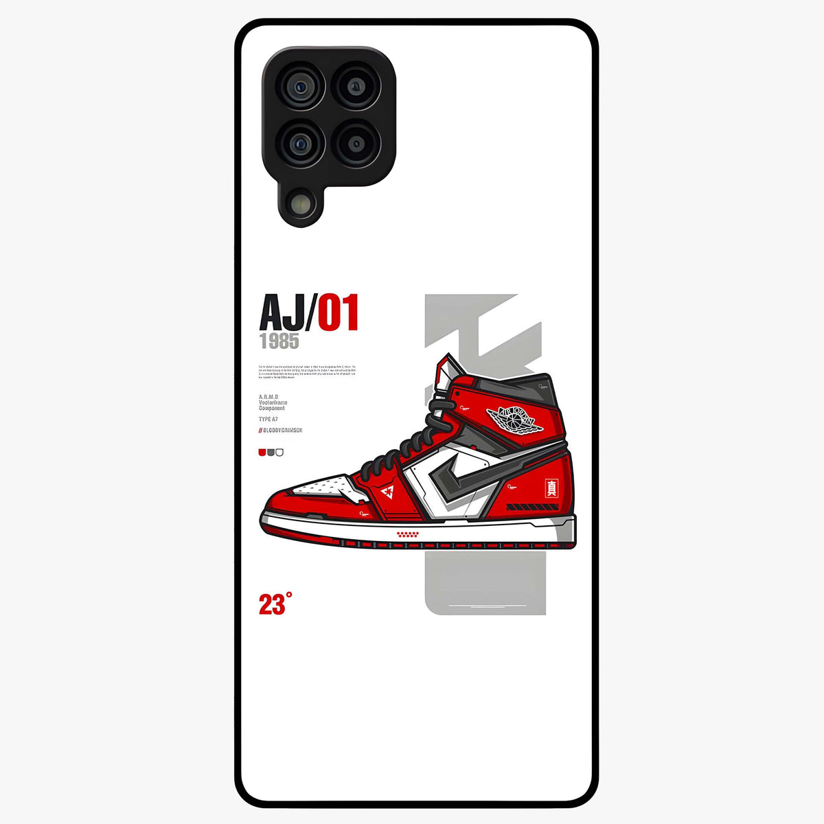Retro Sneaker Blueprint Glass Case showing flat back view with sneaker blueprint style artwork and glossy glass finish.