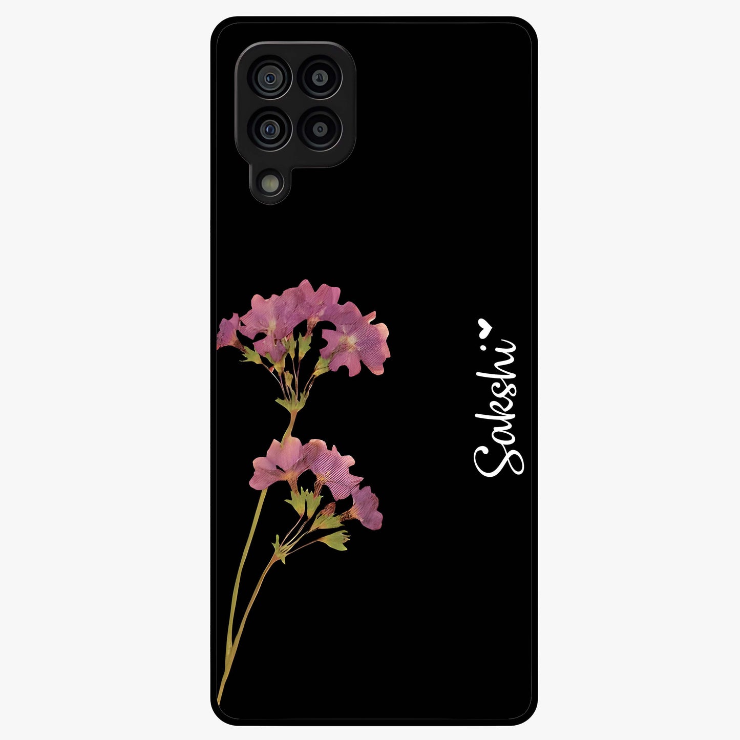 Riching Lavender Flower Custom Name Glass Case showing flat back view with lavender floral artwork and personalized name design.