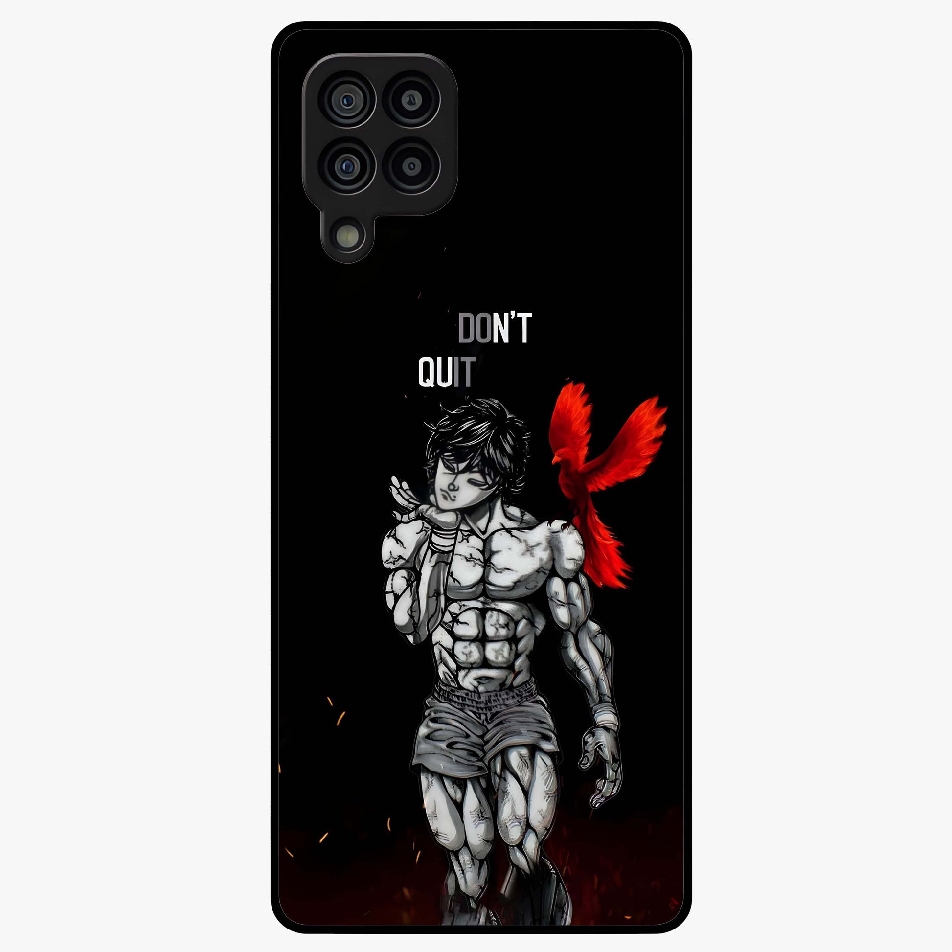 Rise Beyond Limits Glass Case showing flat back view with motivational typography artwork and glossy glass finish.