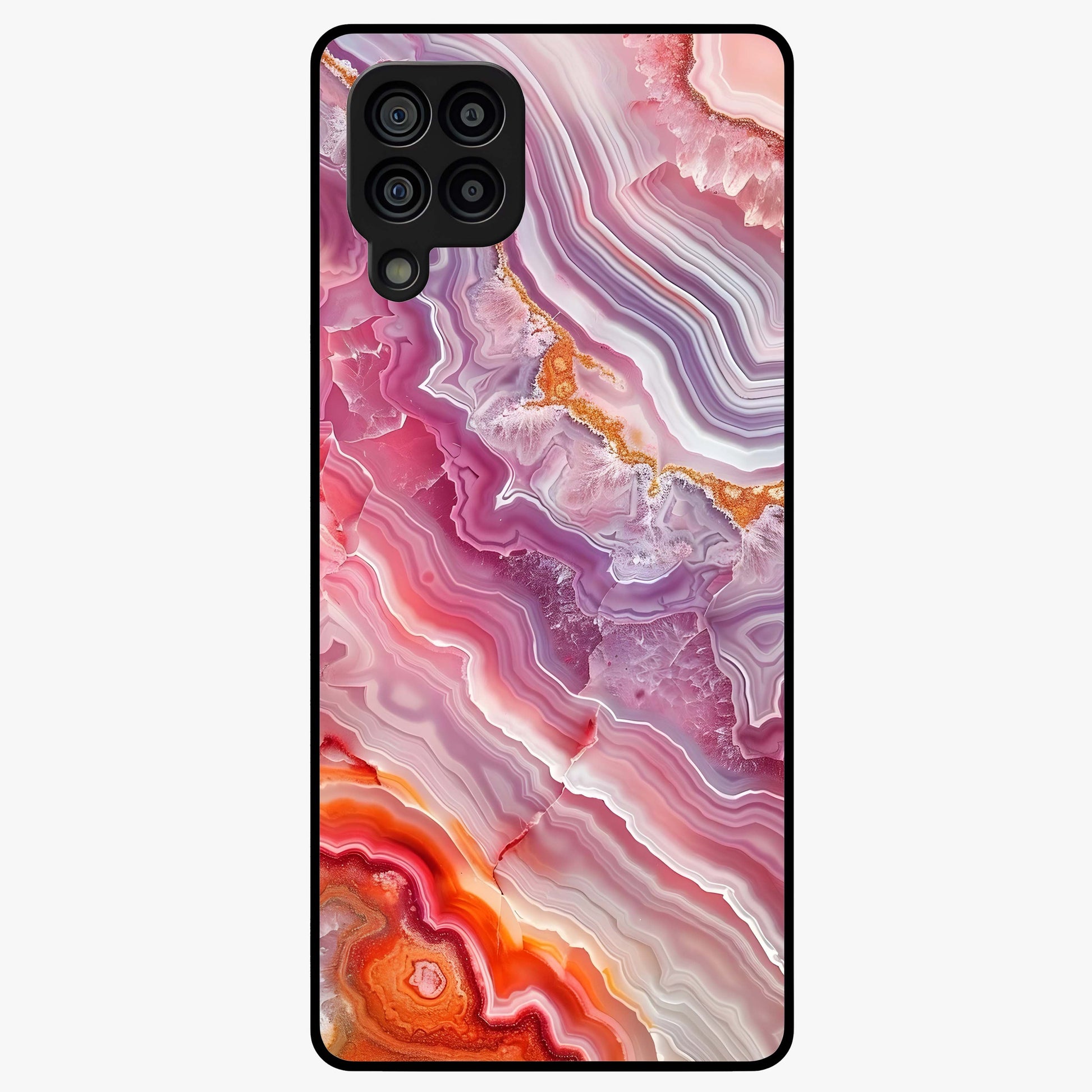 Rose Quartz Marble Glass Case showing flat back view with pink marble quartz texture artwork and glossy glass finish.