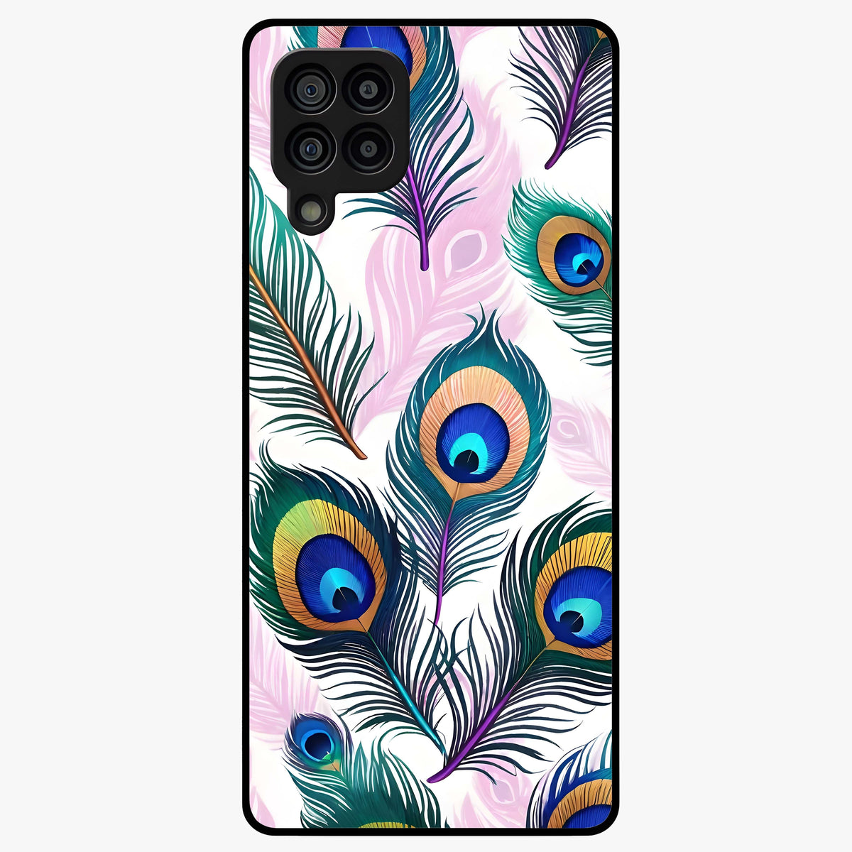 Royal Peacock Feathers Glass Case showing flat back view with colorful peacock feather artwork and glossy glass finish.