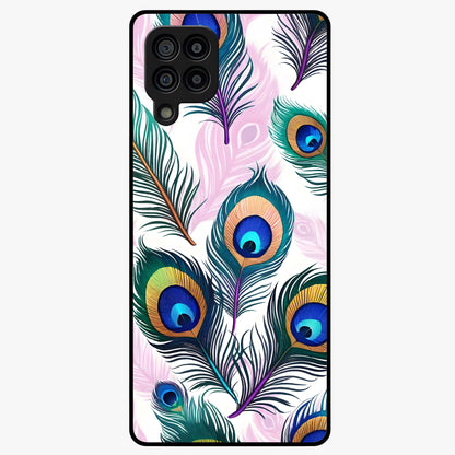Royal Peacock Feathers Glass Case showing flat back view with colorful peacock feather artwork and glossy glass finish.