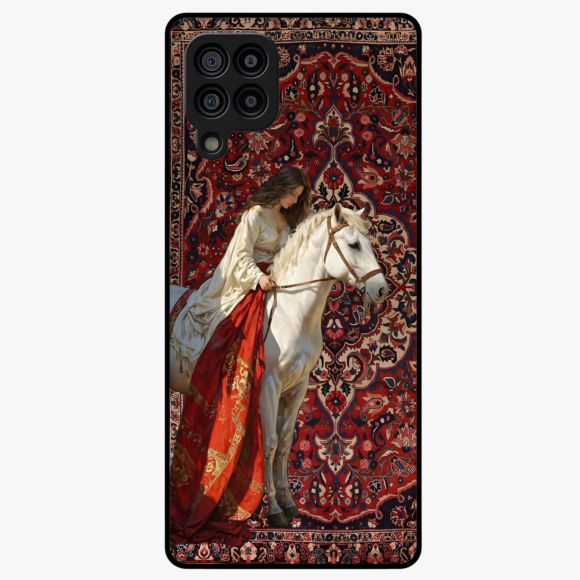 Royal Rider Tapestry Glass Case showing flat back view with majestic horse rider tapestry artwork and glossy glass finish.