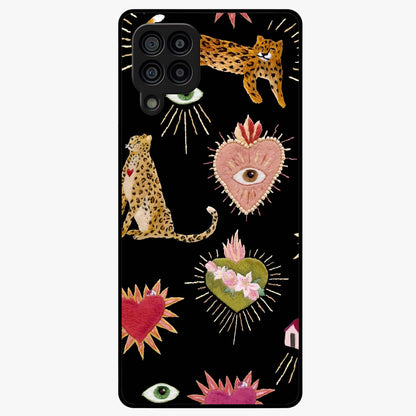 Sacred Jungle Heart Glass Case showing flat back view with jungle inspired heart artwork and glossy glass finish.