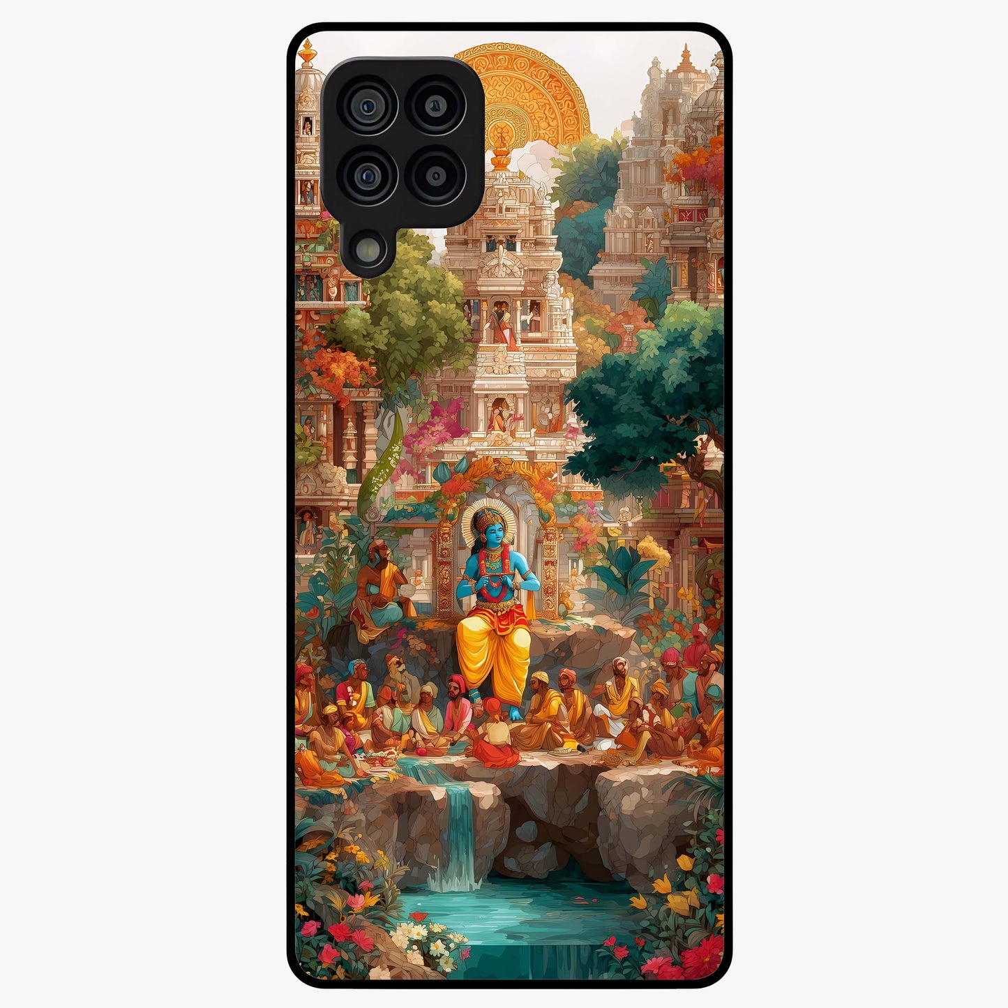 Sacred Sunlight Gods Glass Case showing flat back view with divine sunlight themed artwork and glossy glass finish.