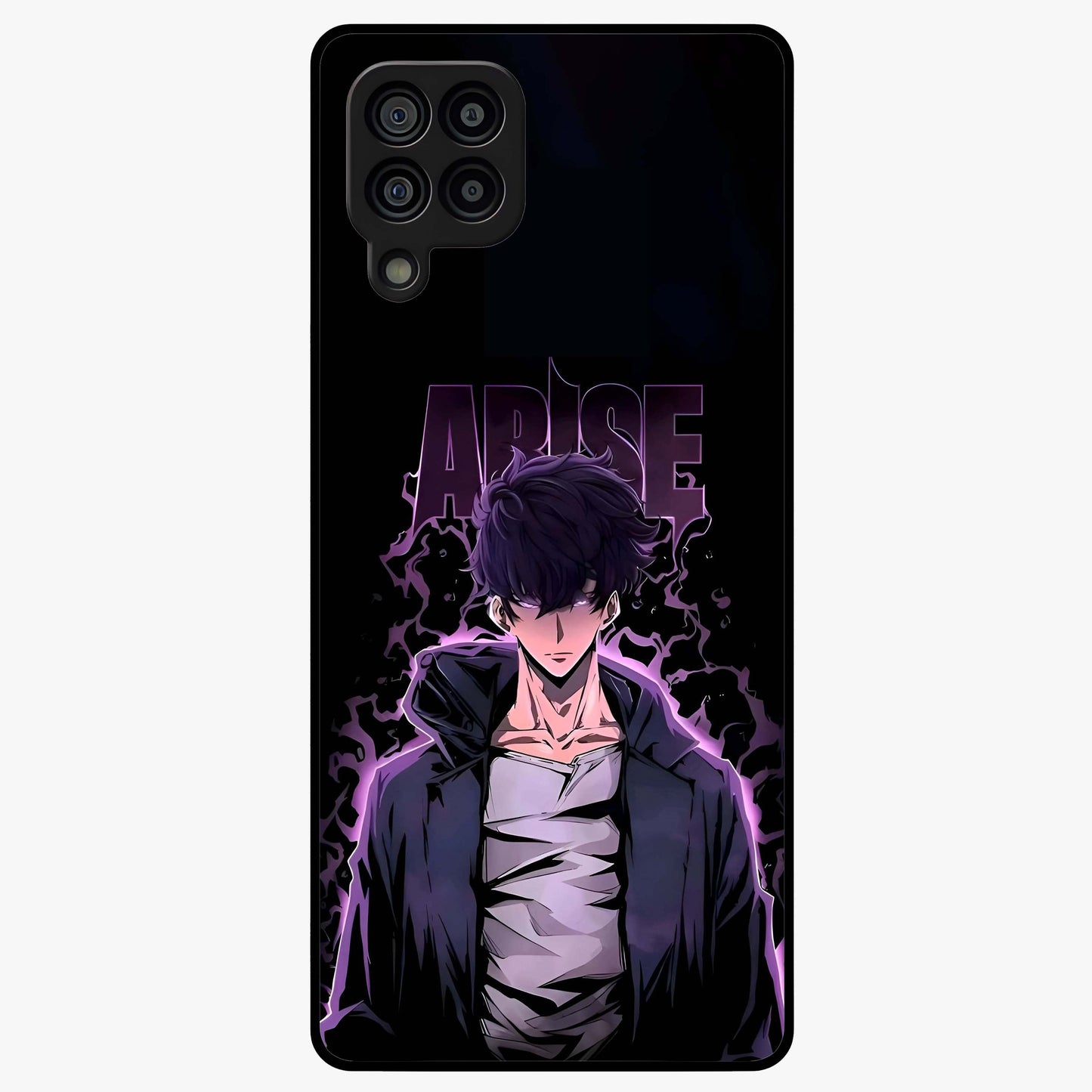 Shadow Monarch Awakening Glass Case showing flat back view with powerful dark monarch themed artwork and glossy glass finish.