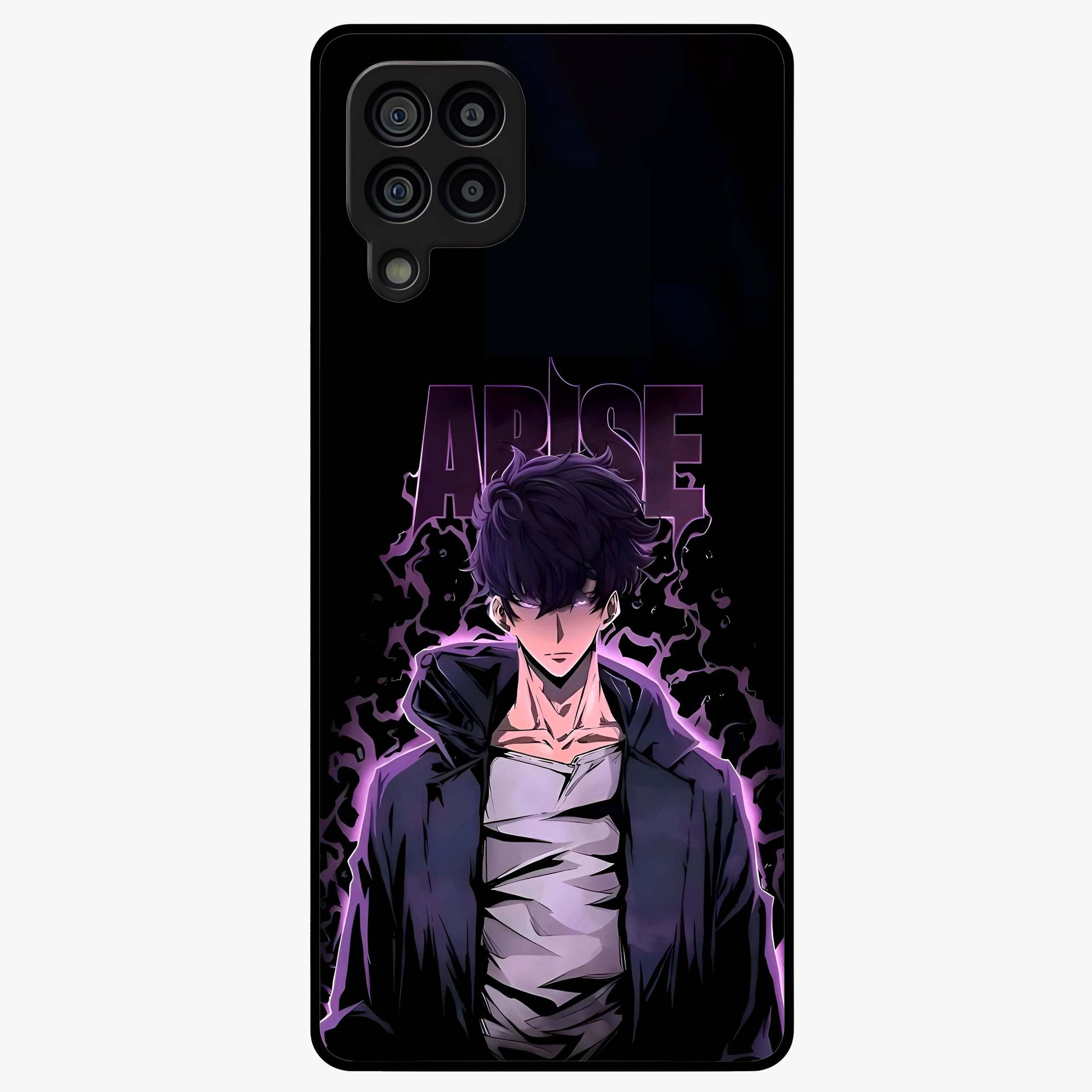 Shadow Monarch Awakening Glass Case showing flat back view with powerful dark monarch themed artwork and glossy glass finish.
