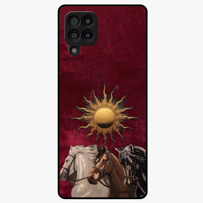 Solar Riders Glass Case showing flat back view with dynamic rider themed artwork and glossy glass finish.