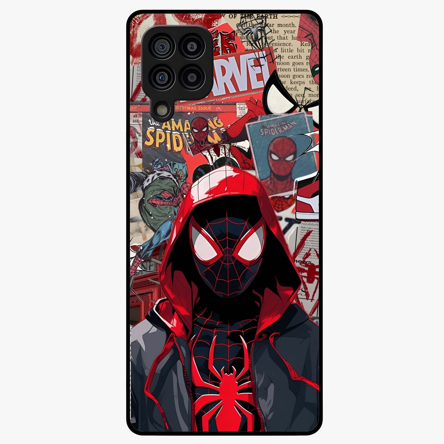 Spider Collage Street Glass Case showing flat back view with vibrant superhero collage artwork and glossy glass finish.