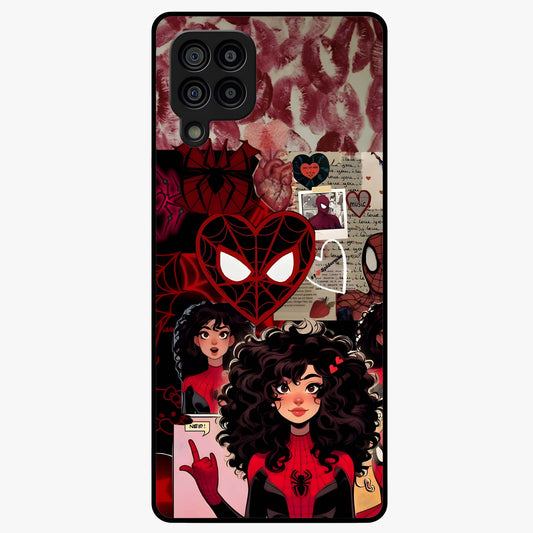 Spider Love Story Glass Case showing flat back view with romantic superhero themed artwork and glossy glass finish.