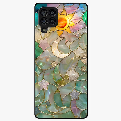 Stained Sunrise Glow Glass Case showing flat back view with glowing sunrise stained pattern artwork and glossy glass finish.