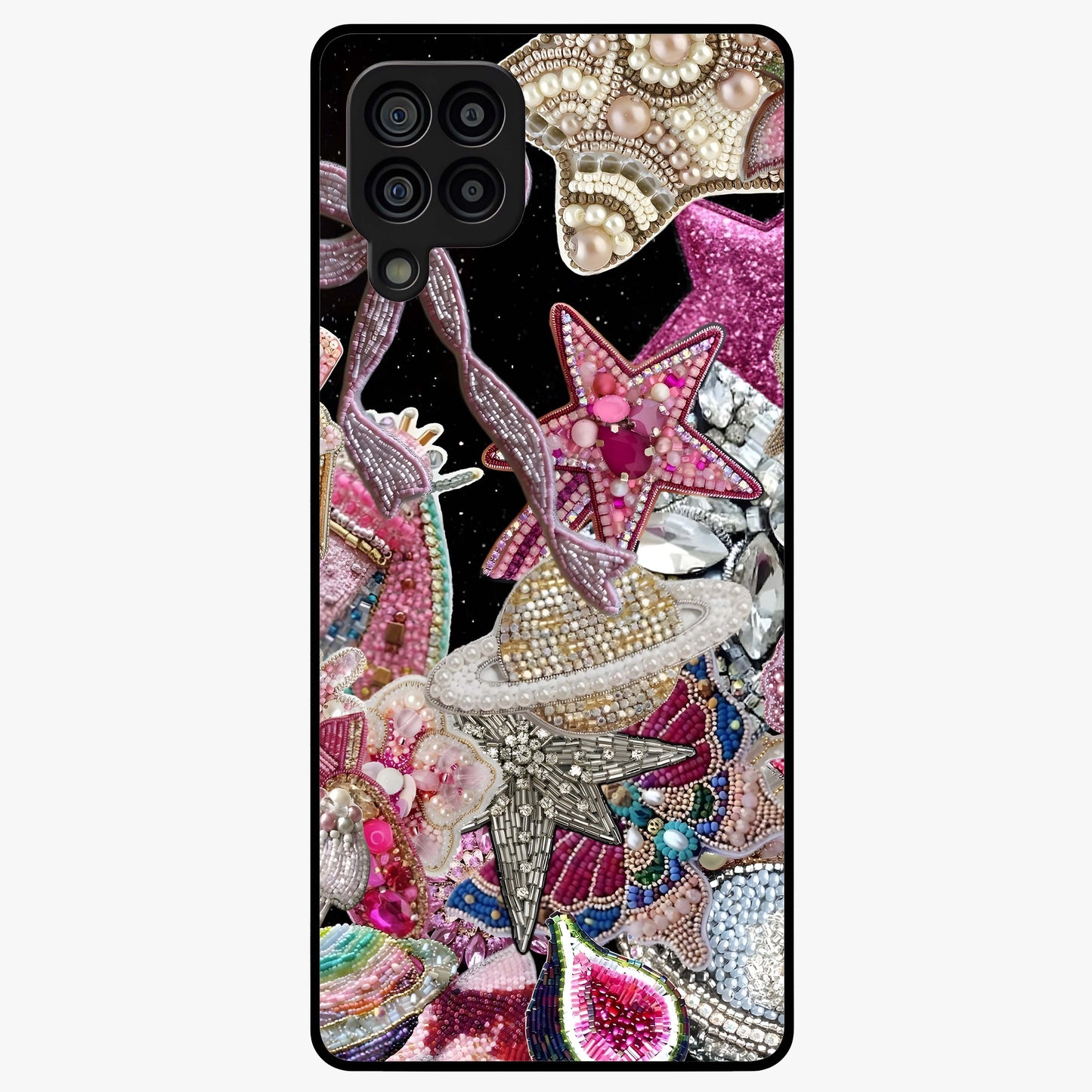 Starlit Jewel Dream Glass Case showing flat back view with sparkling jewel and star themed artwork and glossy glass finish.