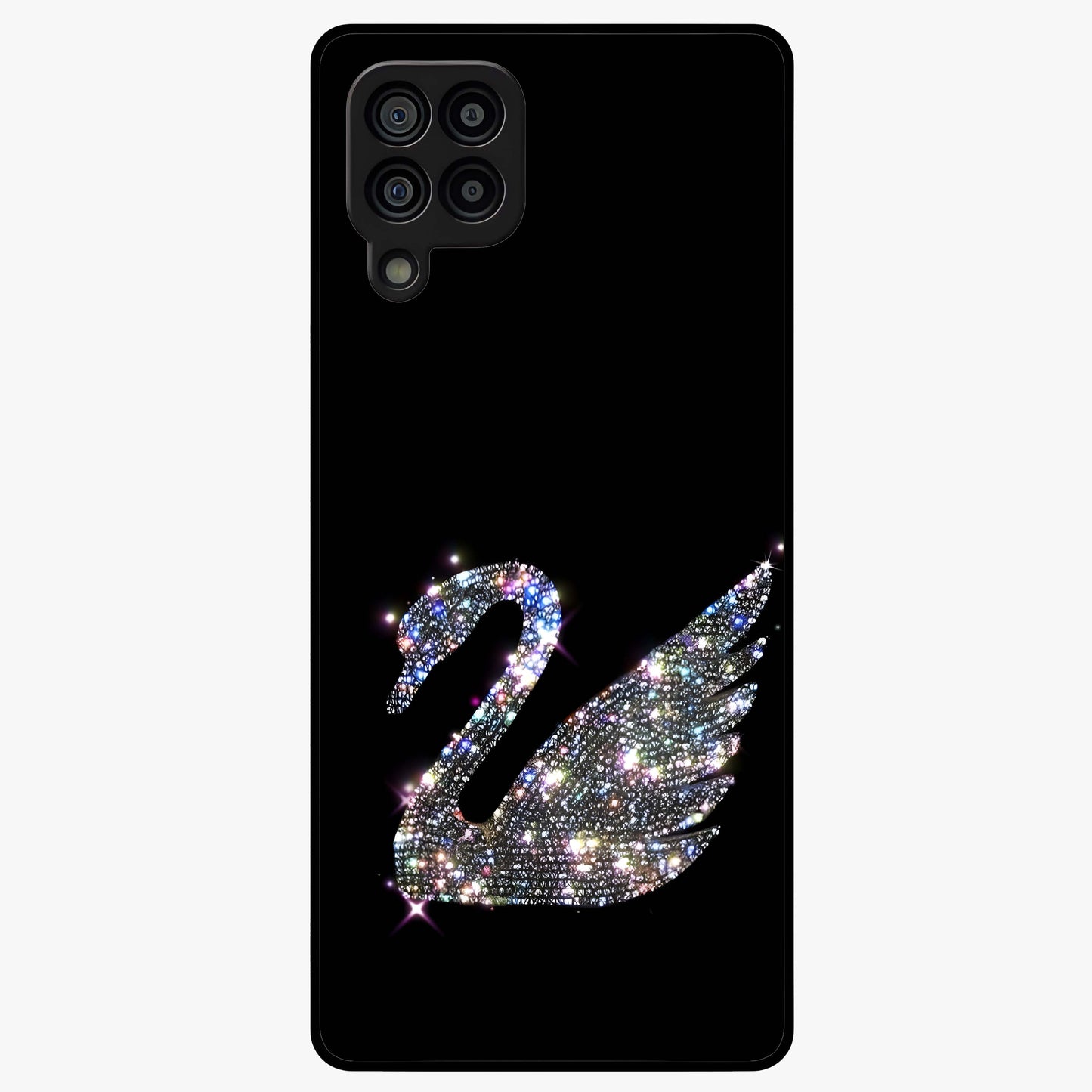 Starlit Swan Grace Glass Case showing flat back view with graceful swan artwork under starry sky and glossy glass finish.