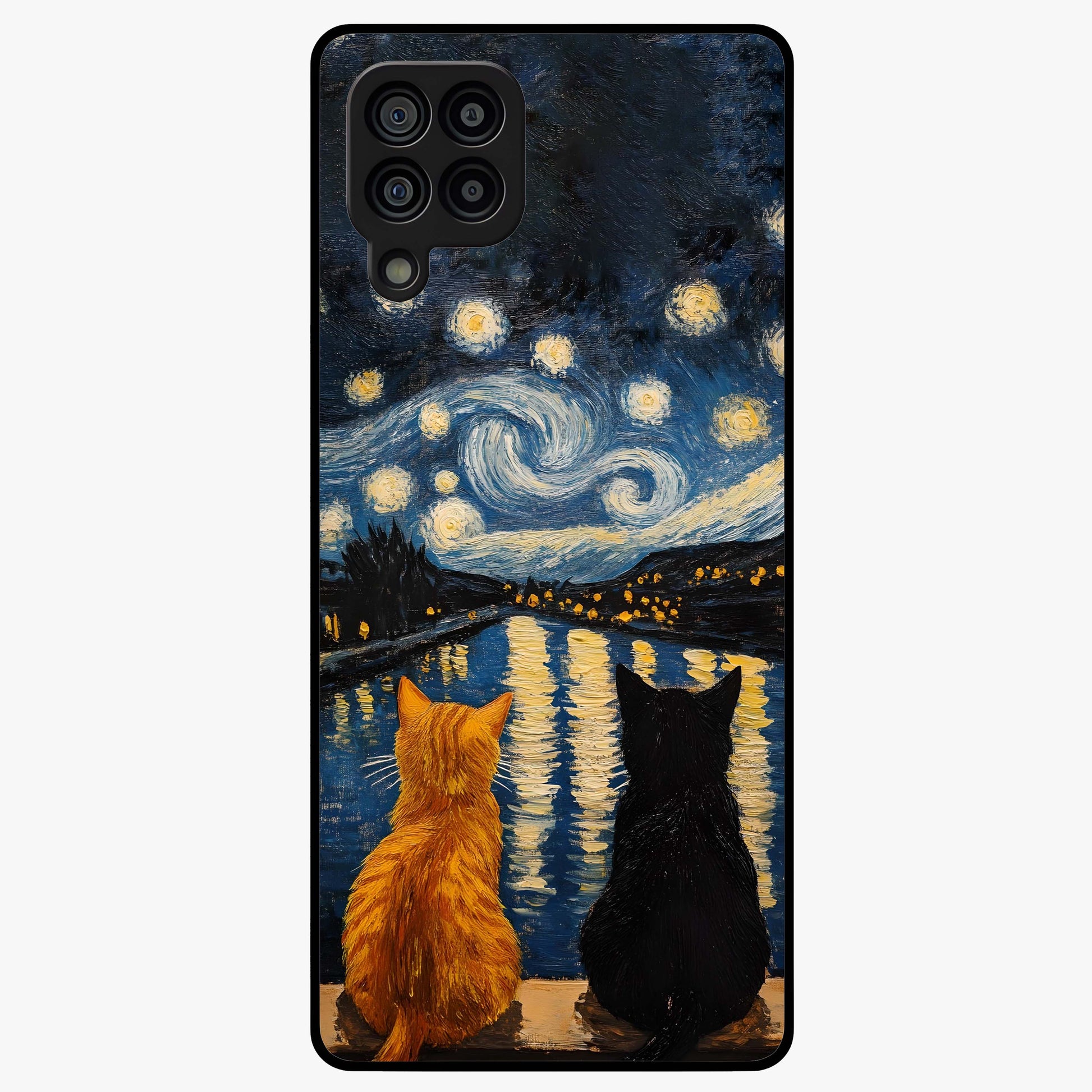 Starry River Cats Glass Case showing flat back view with cats by a starry river artwork and glossy glass finish.