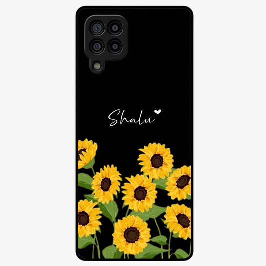Sunflower Chic Mood Custom Name Glass Case showing flat back view with stylish sunflower artwork and personalized name design.