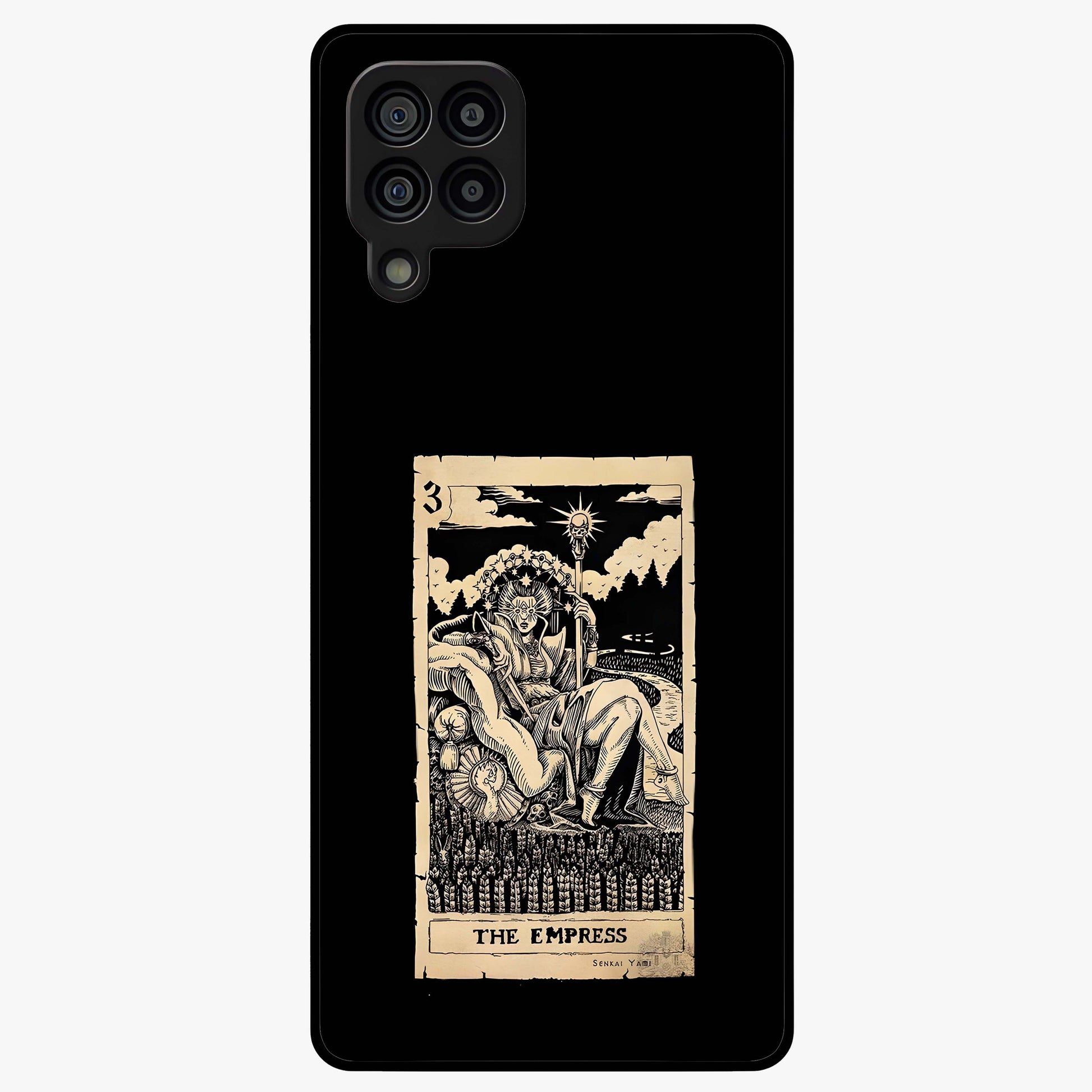 The Empress Glass Case showing flat back view with regal feminine artwork and glossy glass finish.