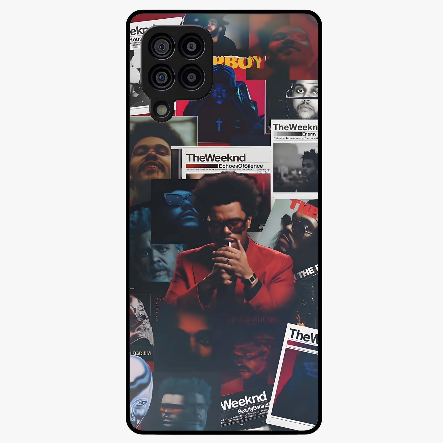 The Weeknd Glass Case showing flat back view with music inspired artistic portrait artwork and glossy glass finish.