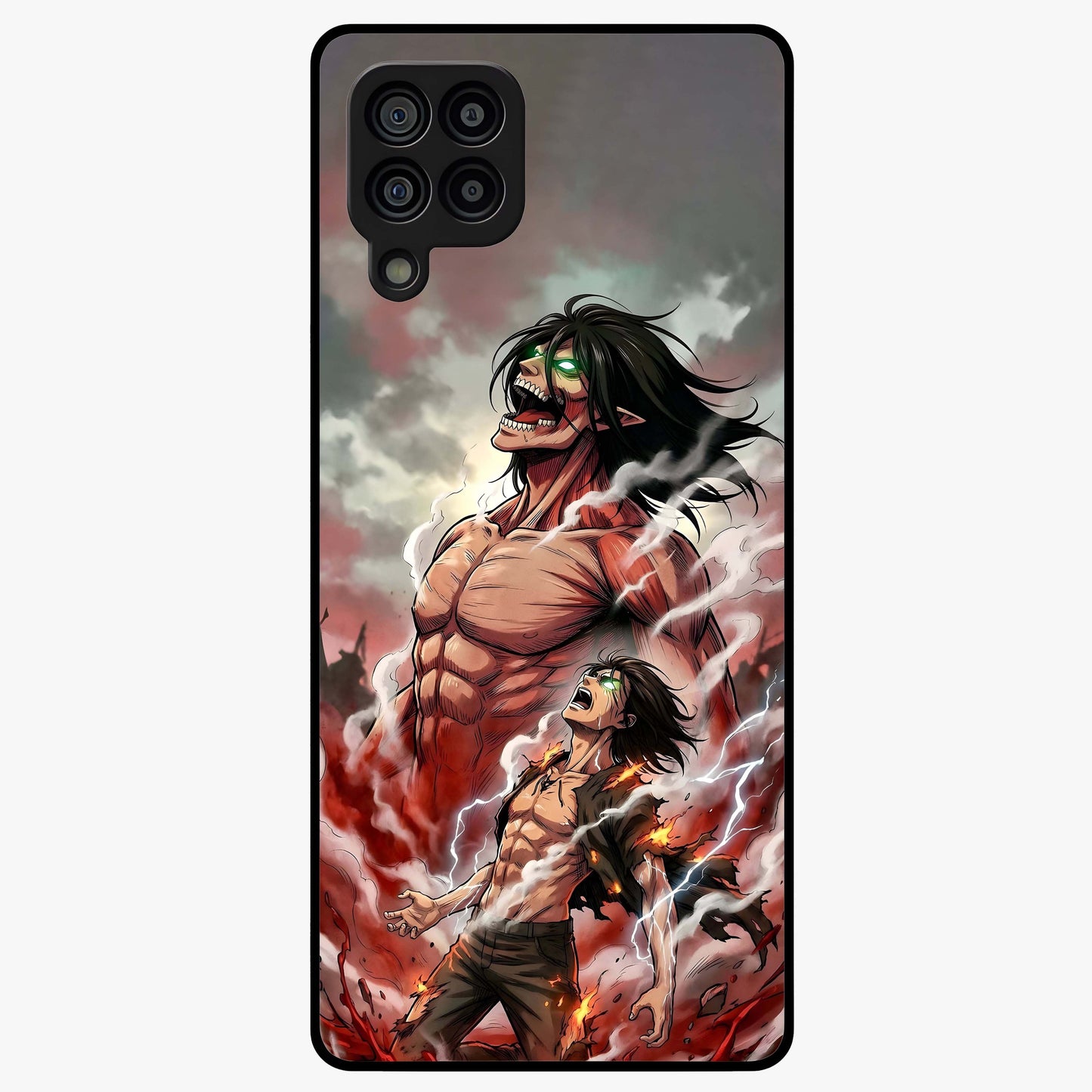 Titan Awakening Fury Glass Case showing flat back view with powerful titan inspired artwork and glossy glass finish.