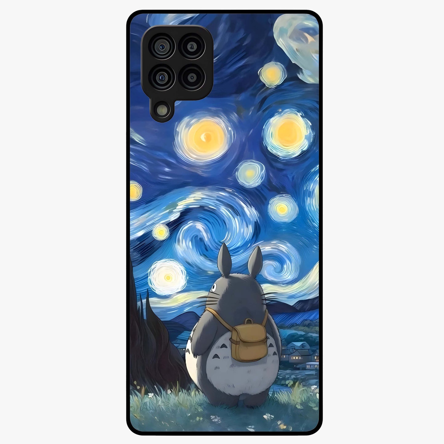 Totoro In Van Gogh Art Glass Case showing flat back view with whimsical character artwork inspired by Van Gogh style and glossy glass finish.