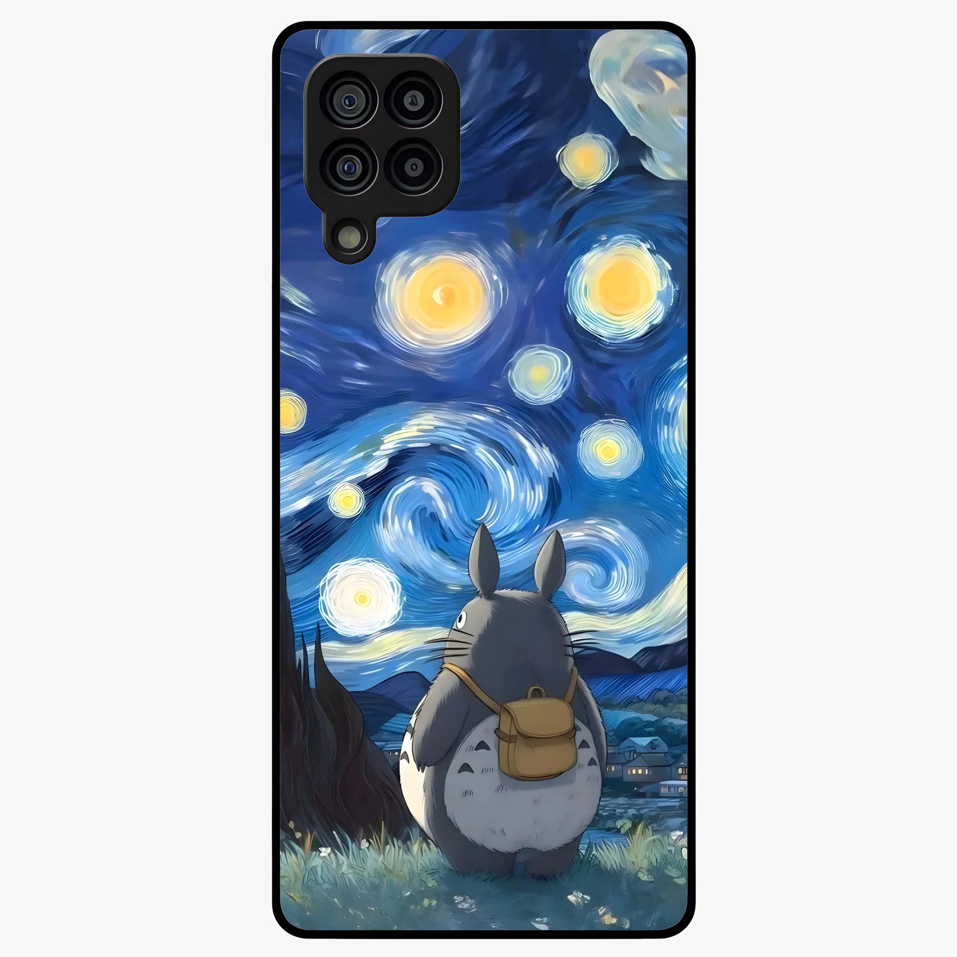 Totoro In Van Gogh Art Glass Case showing flat back view with whimsical character artwork inspired by Van Gogh style and glossy glass finish.