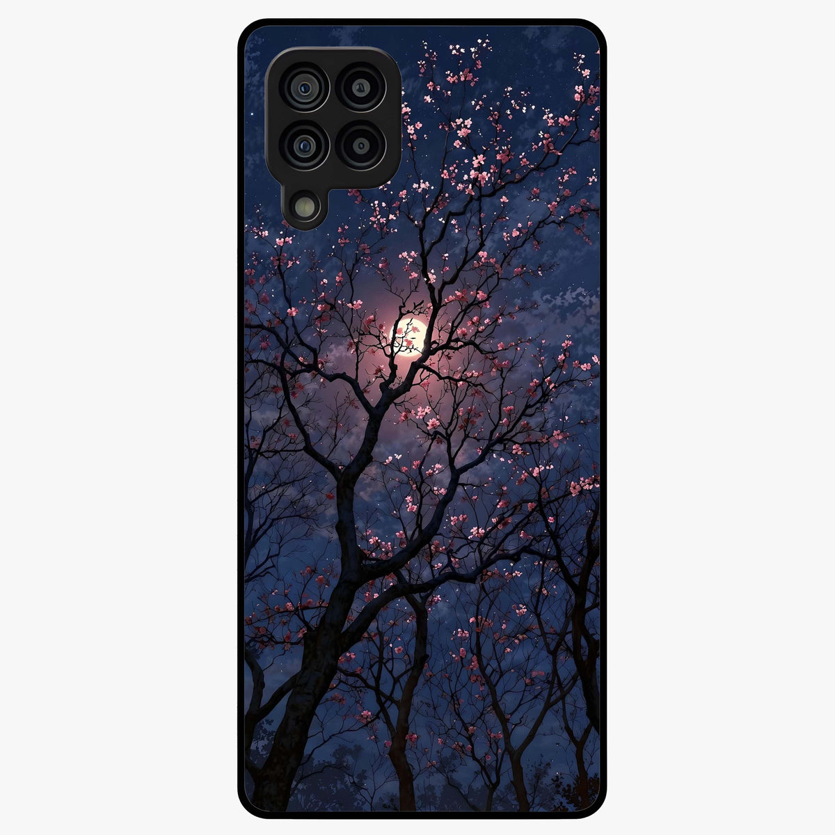 Twilight Sakura Serenade Glass Case showing flat back view with cherry blossom artwork at twilight and glossy glass finish.