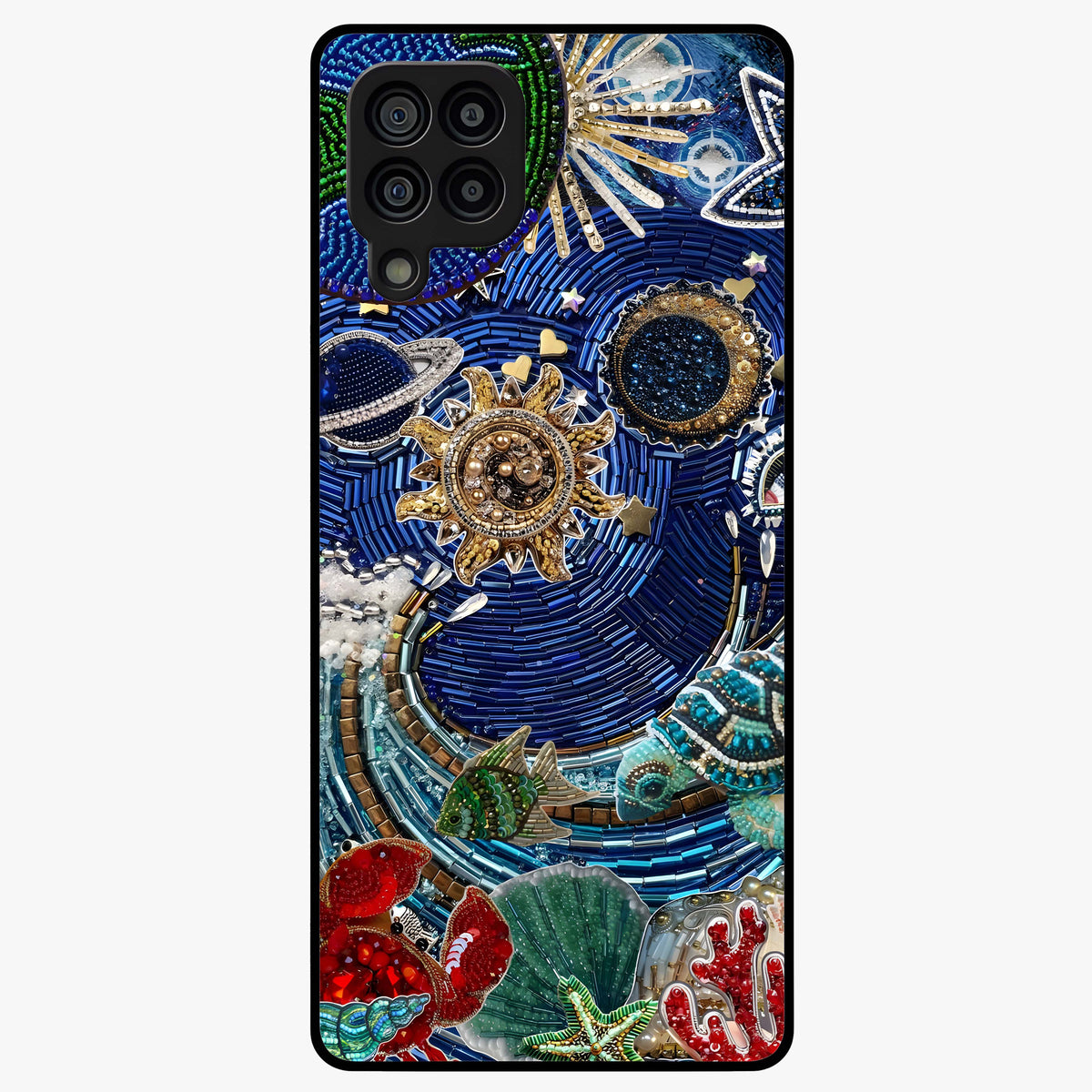 Universe Underwater Spark Glass Case showing flat back view with cosmic underwater themed artwork and glossy glass finish.