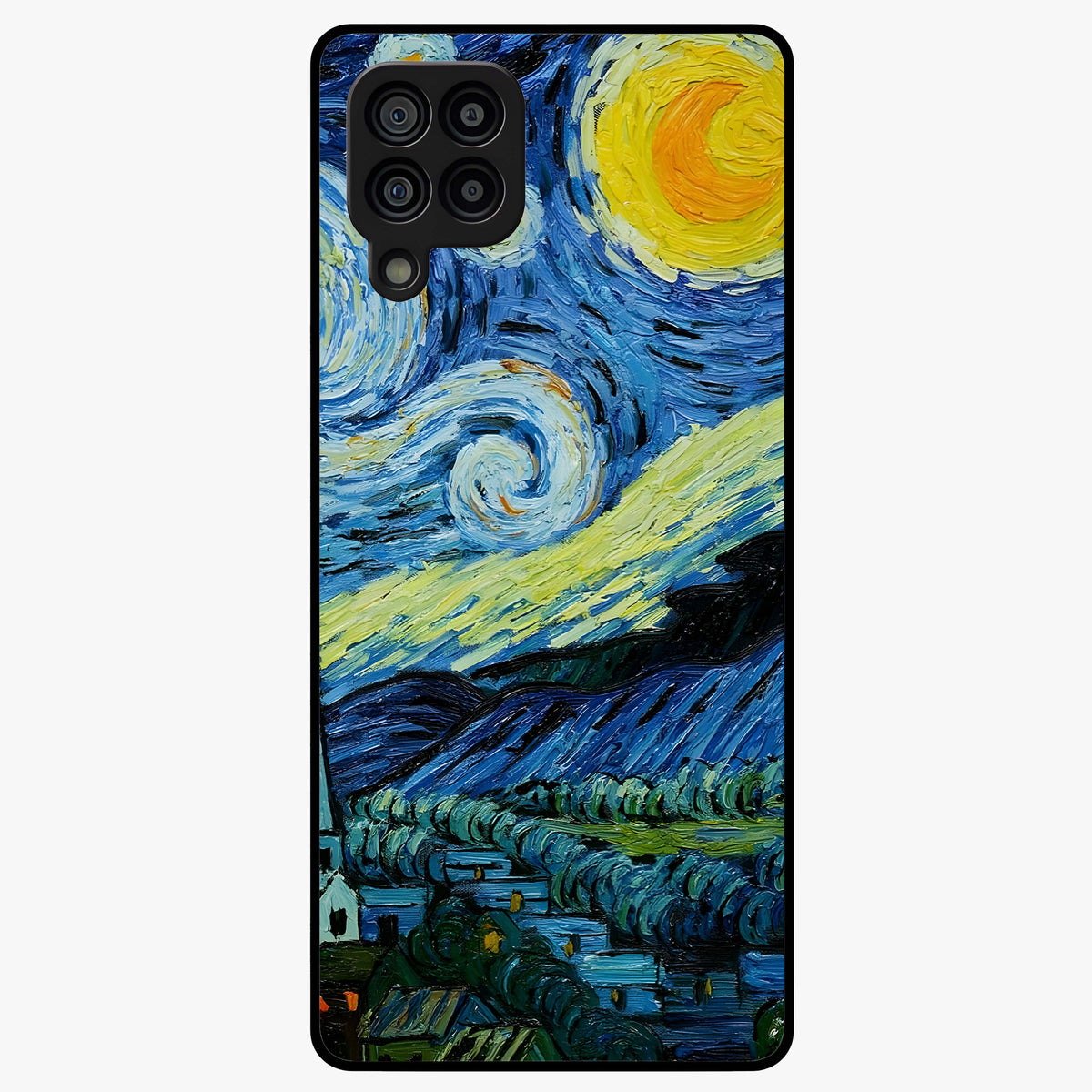 Van Gogh Art Glass Case showing flat back view with classic painterly artwork inspired by Van Gogh style and glossy glass finish.