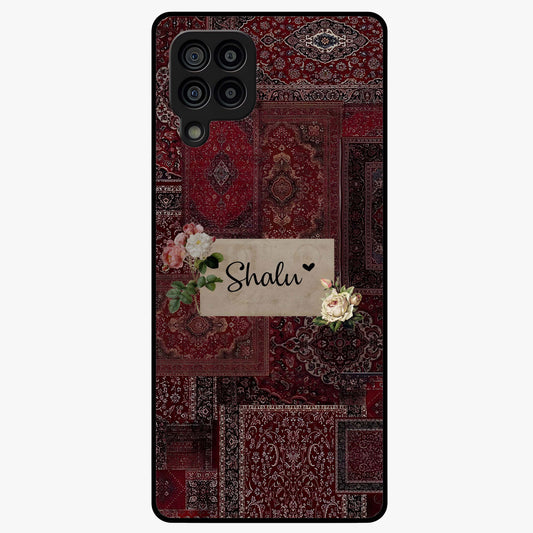 Velvet Wine Pattern Custom Name Glass Case showing flat back view with elegant wine colored pattern artwork and personalized name design.