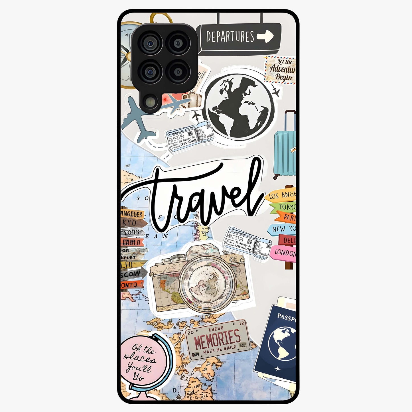 Wanderlust Journal Glass Case showing flat back view with travel inspired artwork and glossy glass finish.