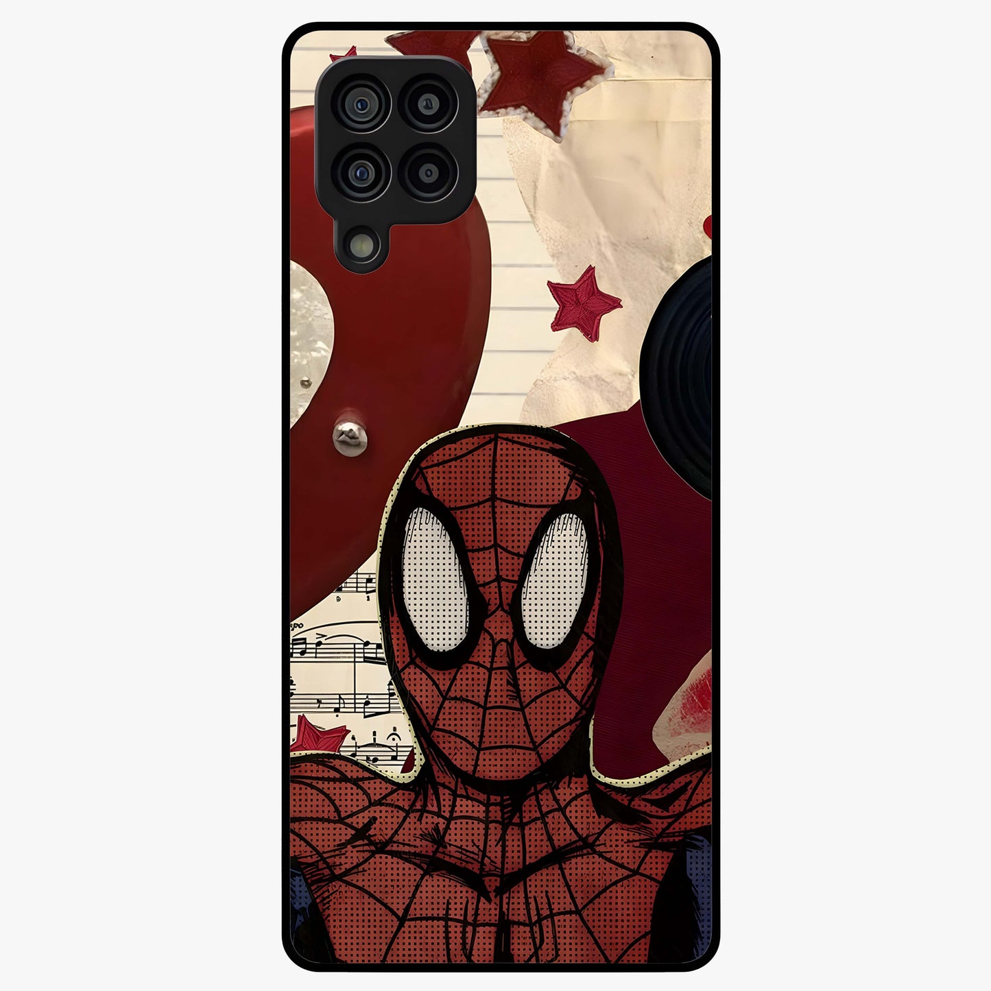 Web Warrior Vibes Glass Case showing flat back view with superhero inspired web themed artwork and glossy glass finish.