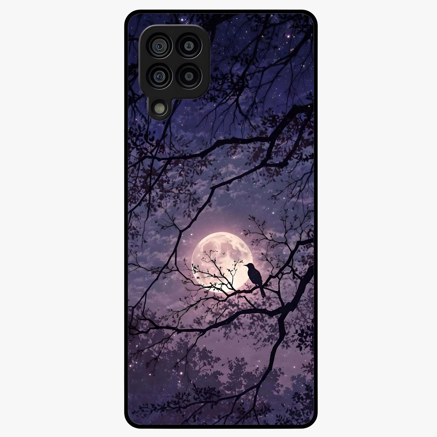 Whispering Moon Silence Glass Case showing flat back view with serene moon themed artwork and glossy glass finish.