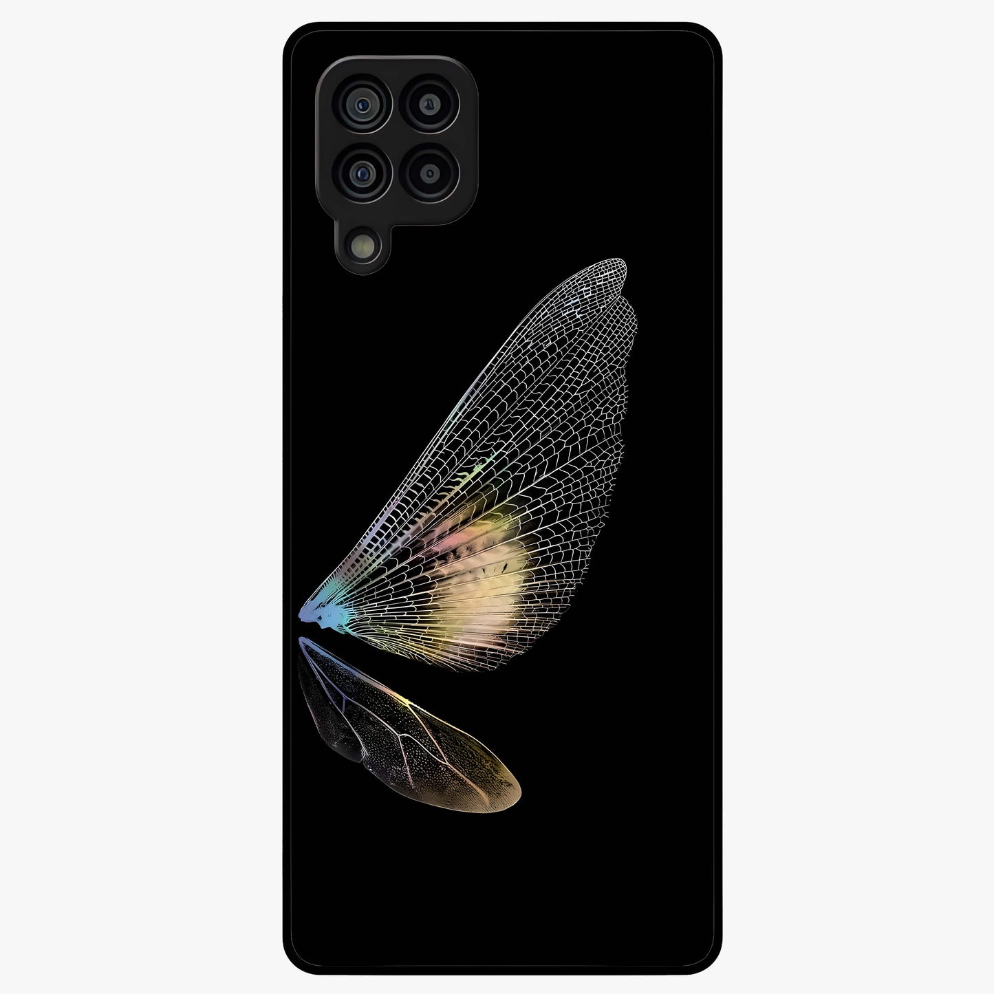 Whispers Of Wings Glass Case showing flat back view with graceful wing inspired artwork and glossy glass finish.