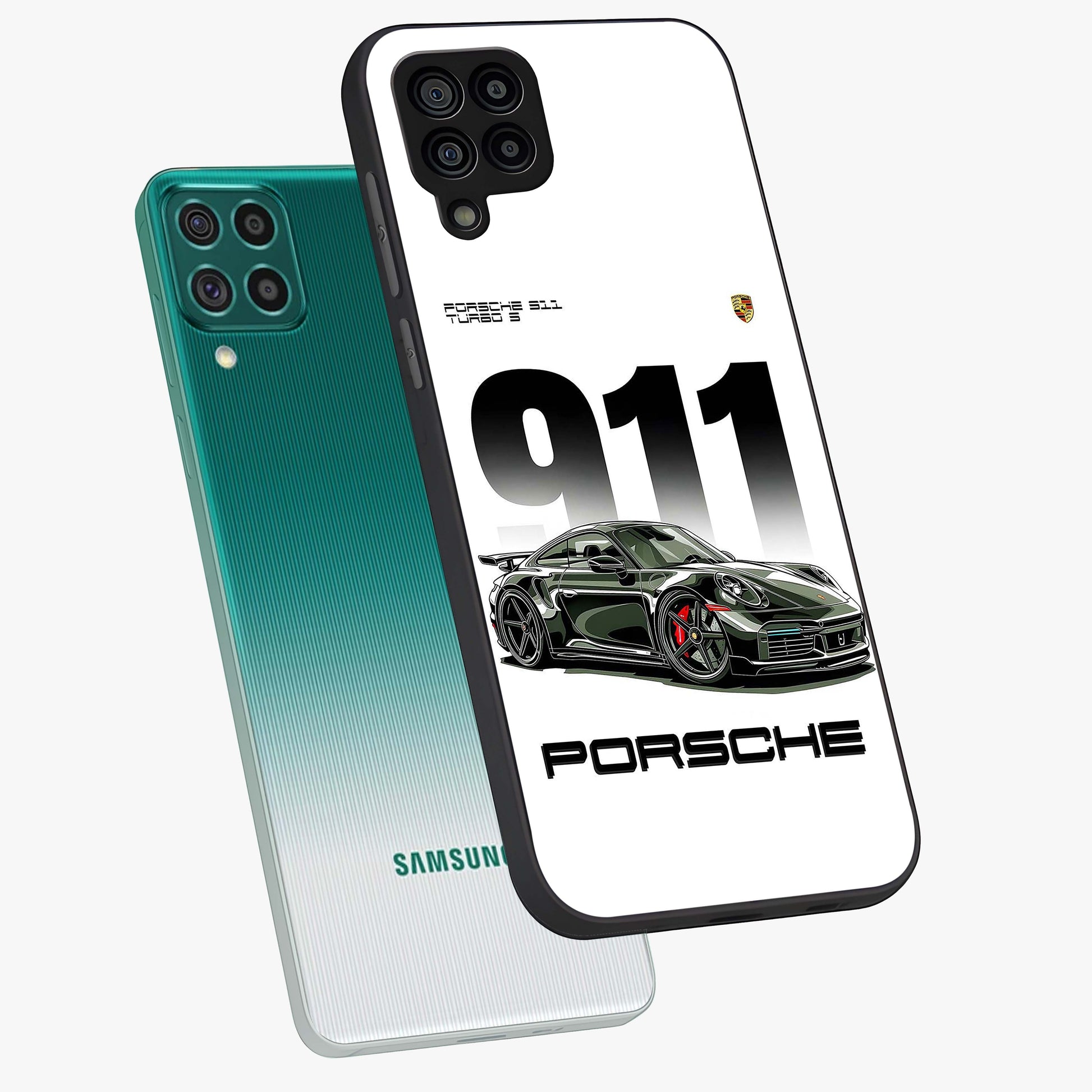 911 Turbo Dominance Glass Case displayed in premium angled mockup highlighting sporty car illustration and sleek glass surface.