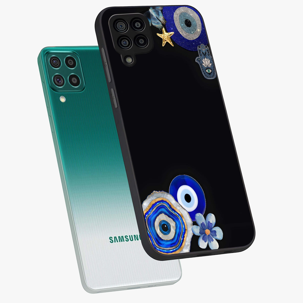 Aesthetic Blue Evil Eye Glass Case displayed in angled mockup highlighting blue evil eye symbol and spiritual aesthetic design.