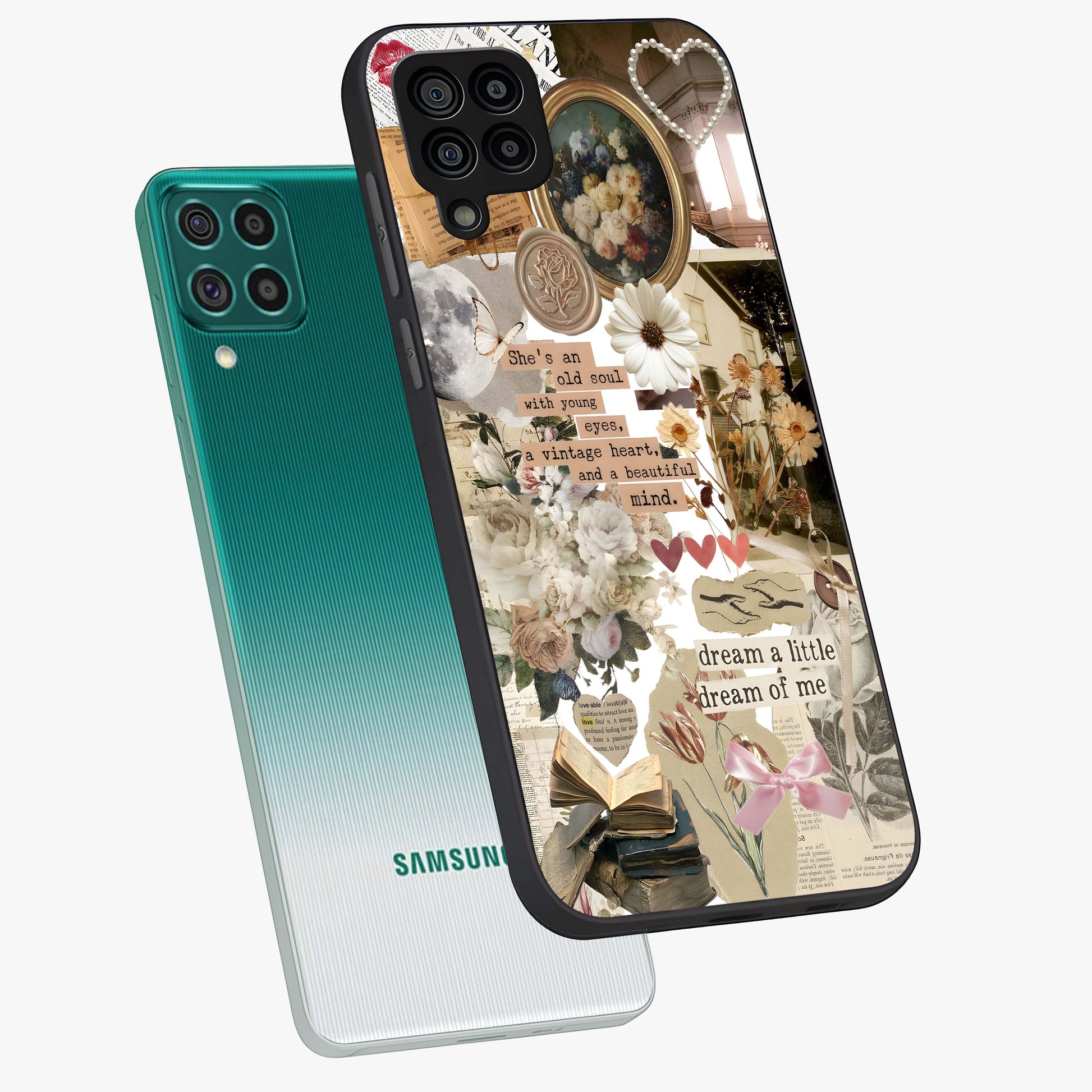 Aesthetic Brown Vintage Collage Glass Case displayed in angled mockup highlighting vintage aesthetic collage design.