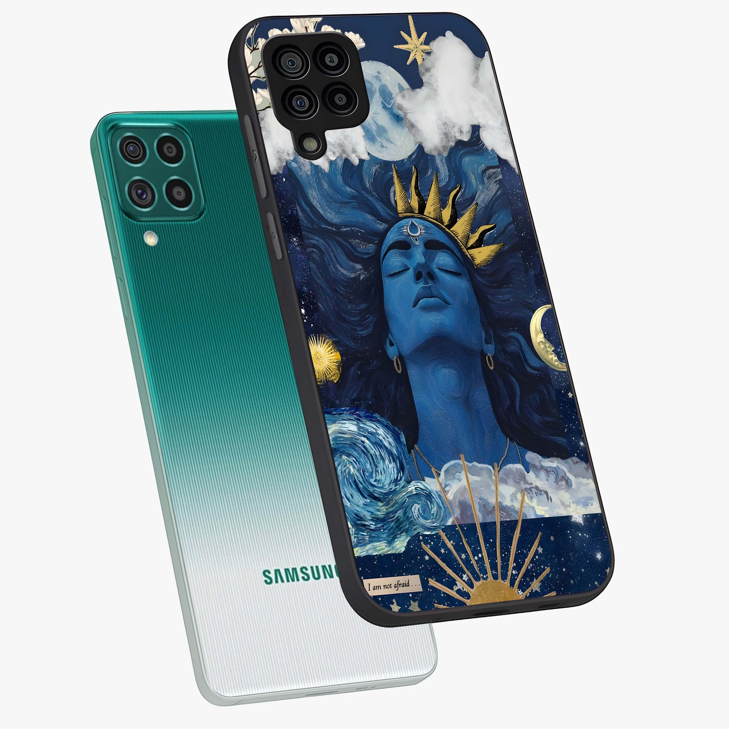 Aesthetic Lord Shiva Glass Case displayed in angled mockup highlighting spiritual Shiva illustration and sacred aesthetic design.