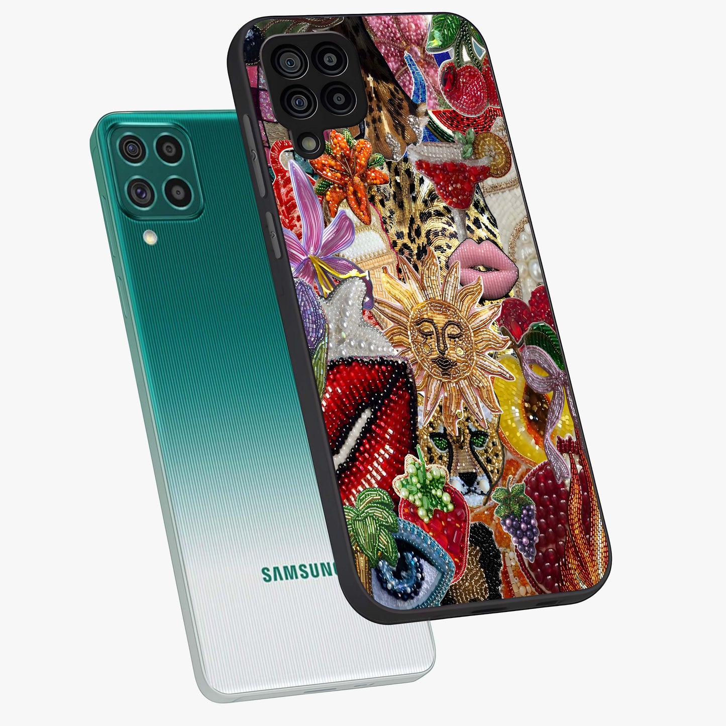 Beaded Fashion Jungle Glass Case displayed in angled mockup highlighting colorful fashion bead design and artistic pattern.