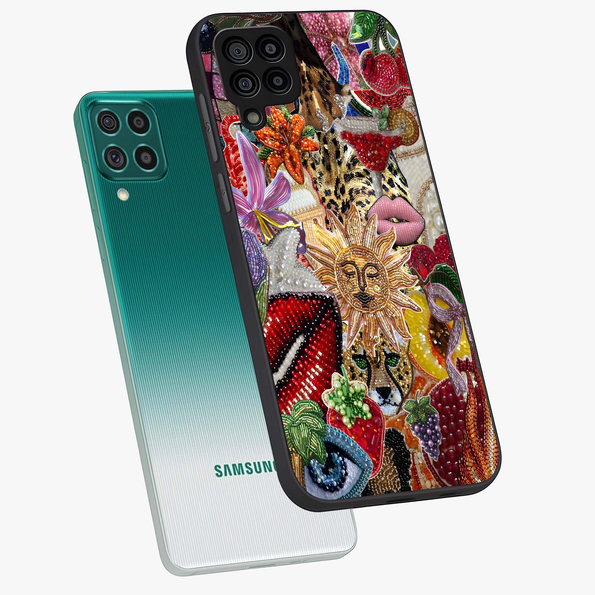Beaded Fashion Jungle Glass Case displayed in angled mockup highlighting colorful fashion bead design and artistic pattern.