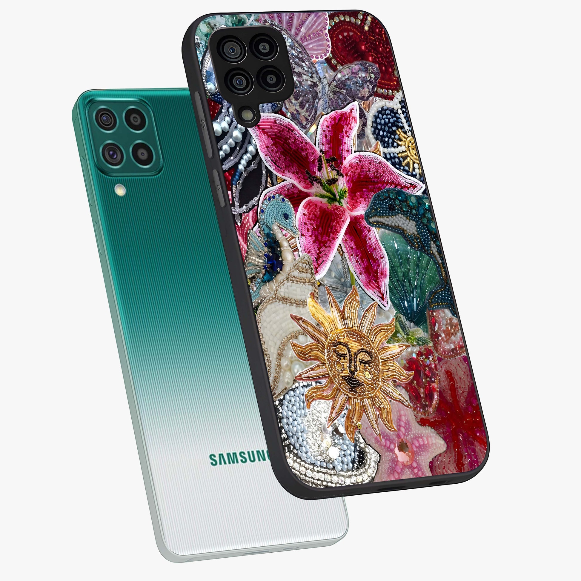 Beaded Garden Fantasy Glass Case displayed in angled mockup highlighting fantasy inspired floral bead pattern.