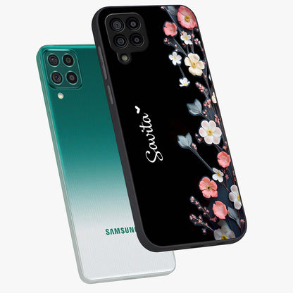 Black Elegance Floral Custom Name Glass Case displayed in angled mockup highlighting dark floral aesthetic and custom name feature.