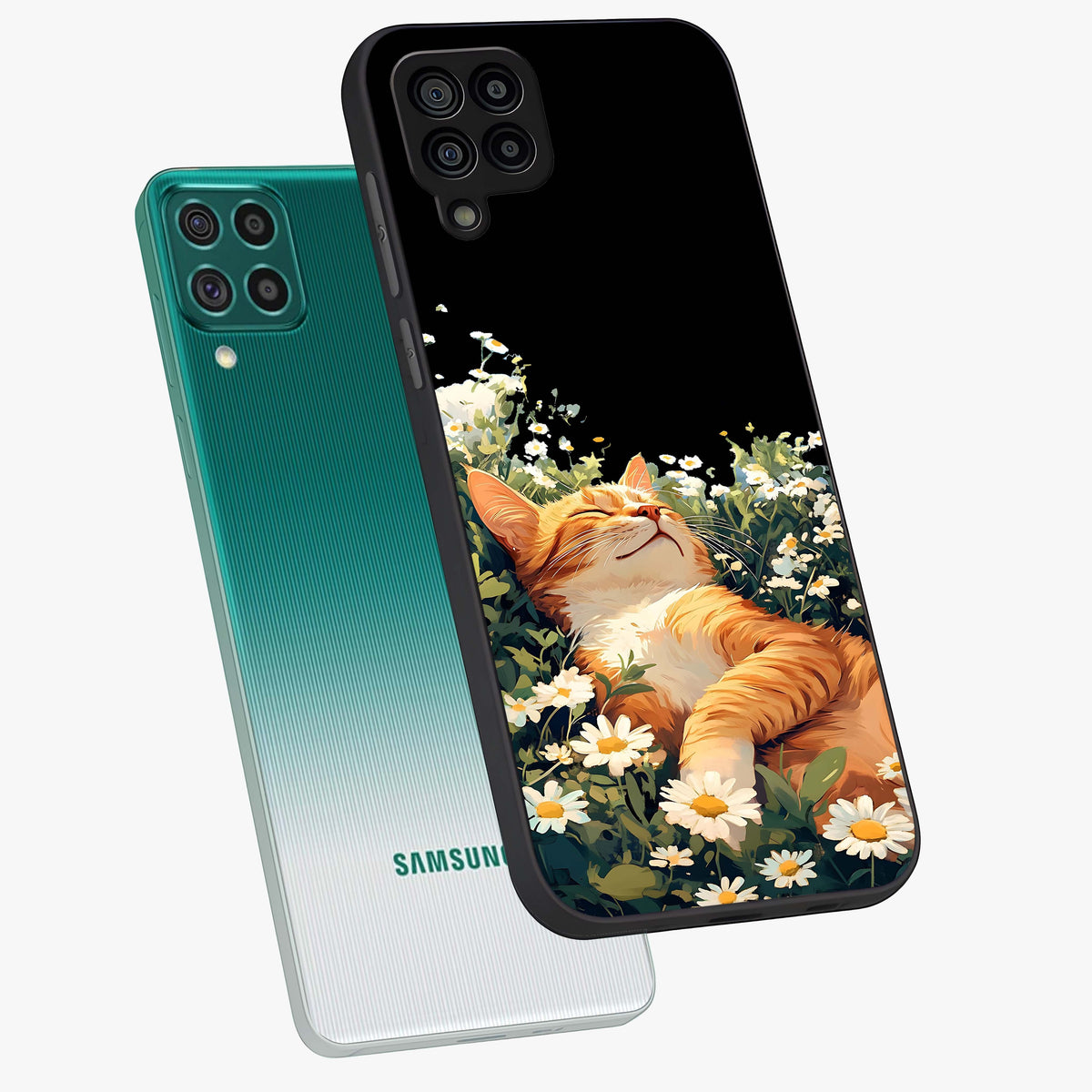 Blissful Bloom Cat Glass Case displayed in angled mockup highlighting playful feline illustration with soft floral aesthetic.