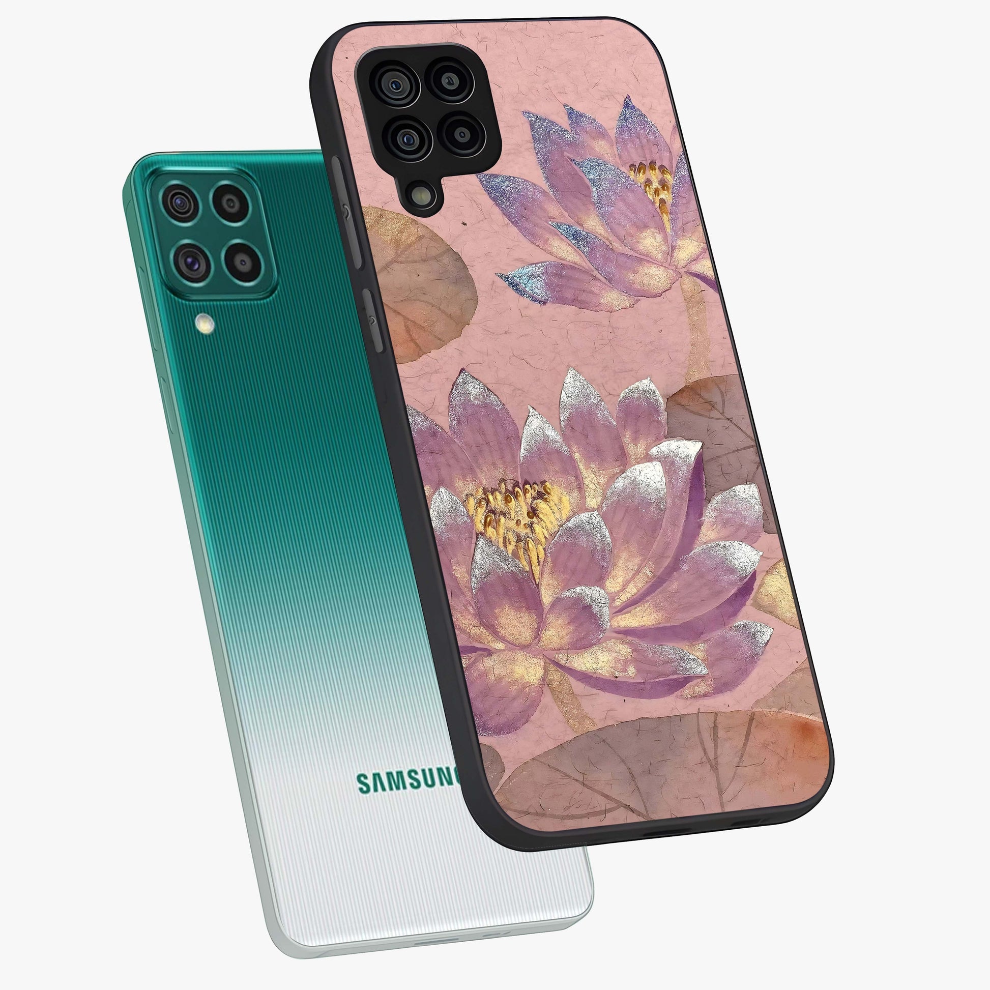 Blossom Mist Lotus Glass Case displayed in angled mockup highlighting delicate lotus illustration with calm aesthetic theme.