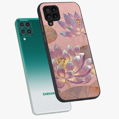 Blossom Mist Lotus Glass Case displayed in angled mockup highlighting delicate lotus illustration with calm aesthetic theme.