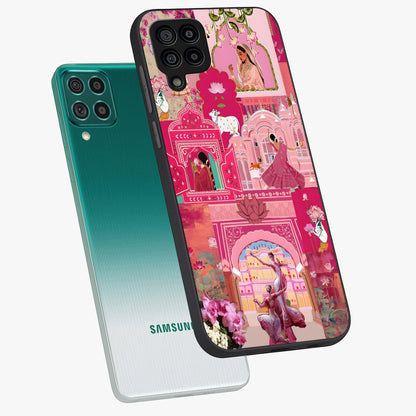 Blossoms of Rajasthan Glass Case displayed in angled mockup highlighting vibrant floral pattern with cultural aesthetic style.