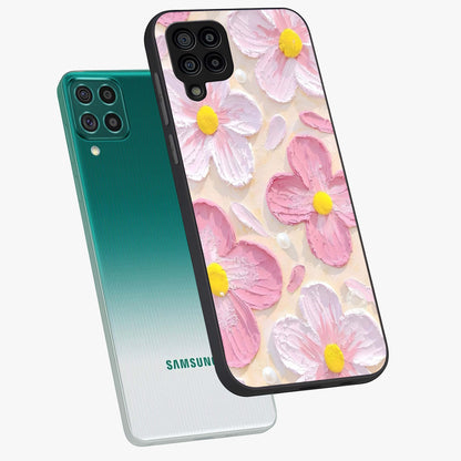 Blush Bloom Texture Glass Case displayed in angled mockup highlighting subtle bloom pattern with aesthetic pastel design.