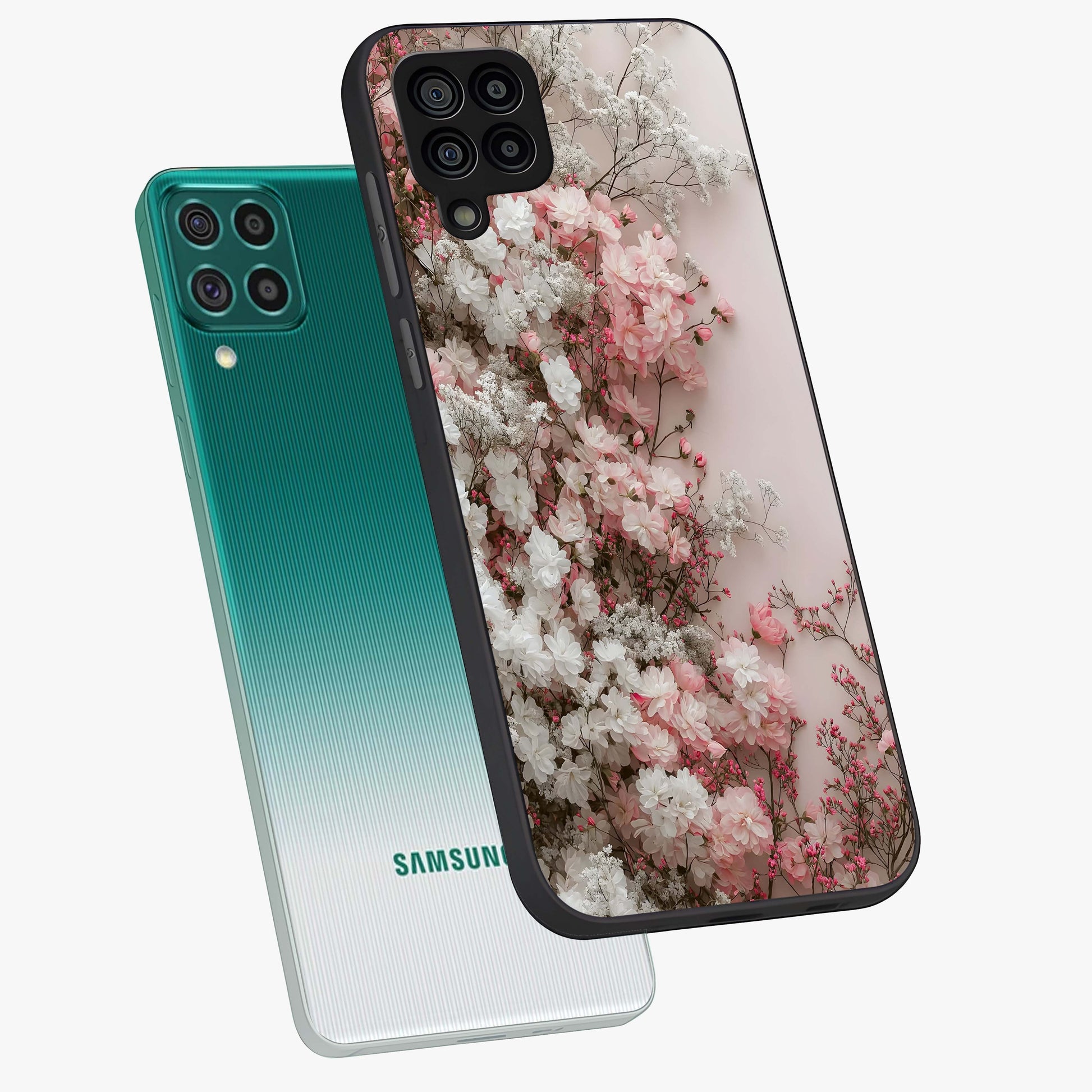 Blush Blossom Cloud Glass Case displayed in angled mockup highlighting soft cloud and blossom design with pastel aesthetic.